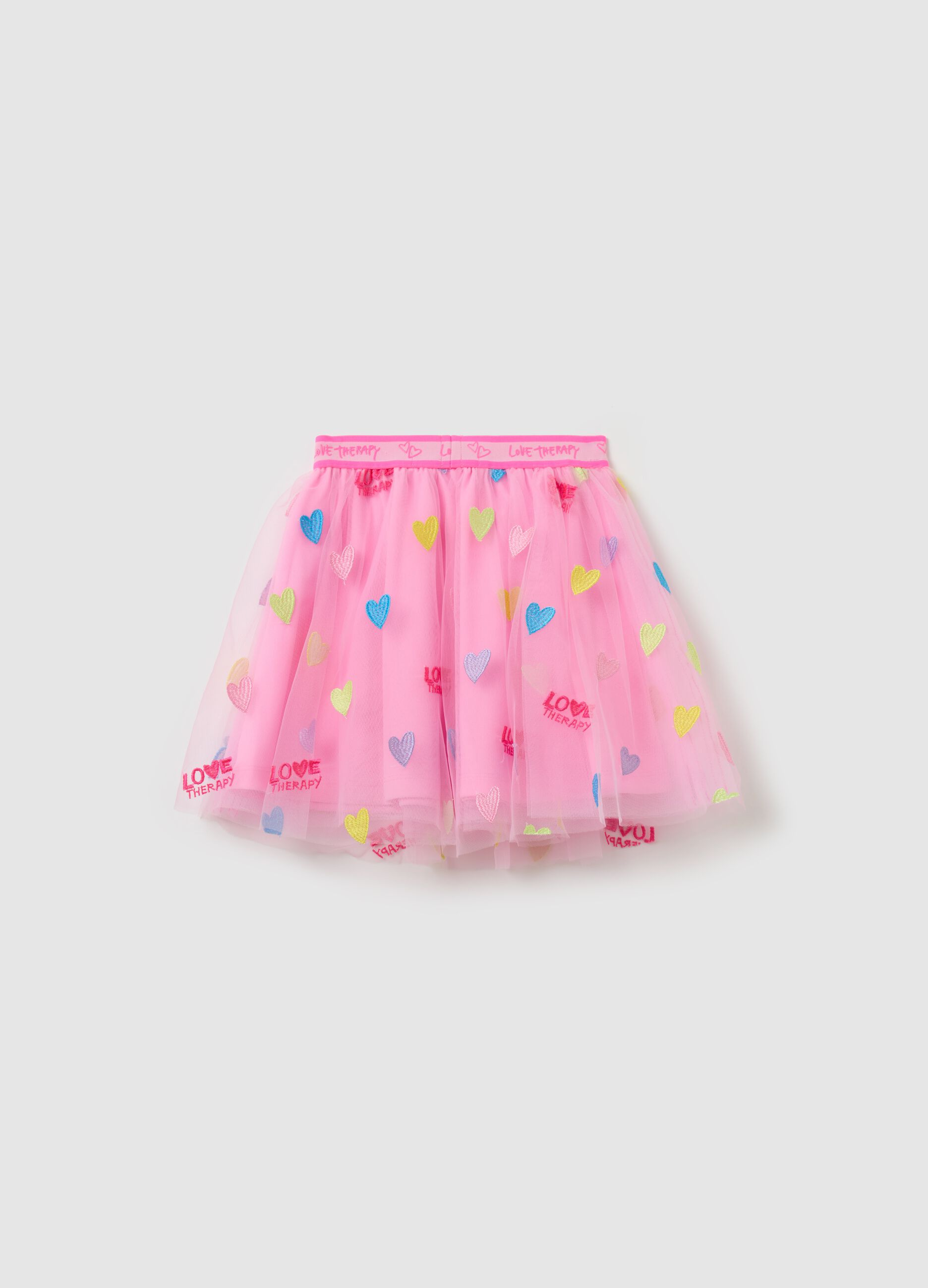 Tulle skirt with multicoloured hearts embroidery