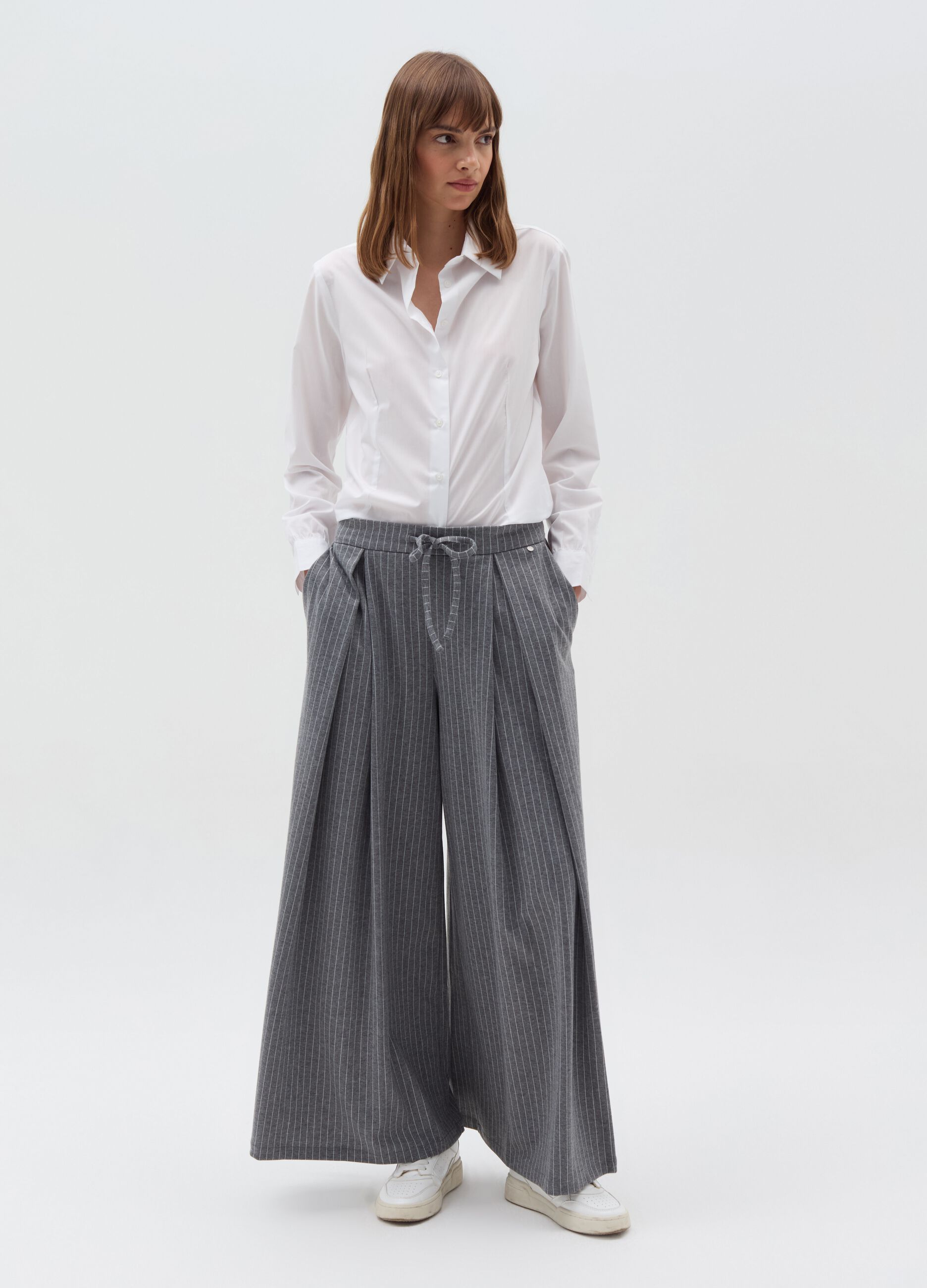 Wide-leg pinstriped trousers with darts