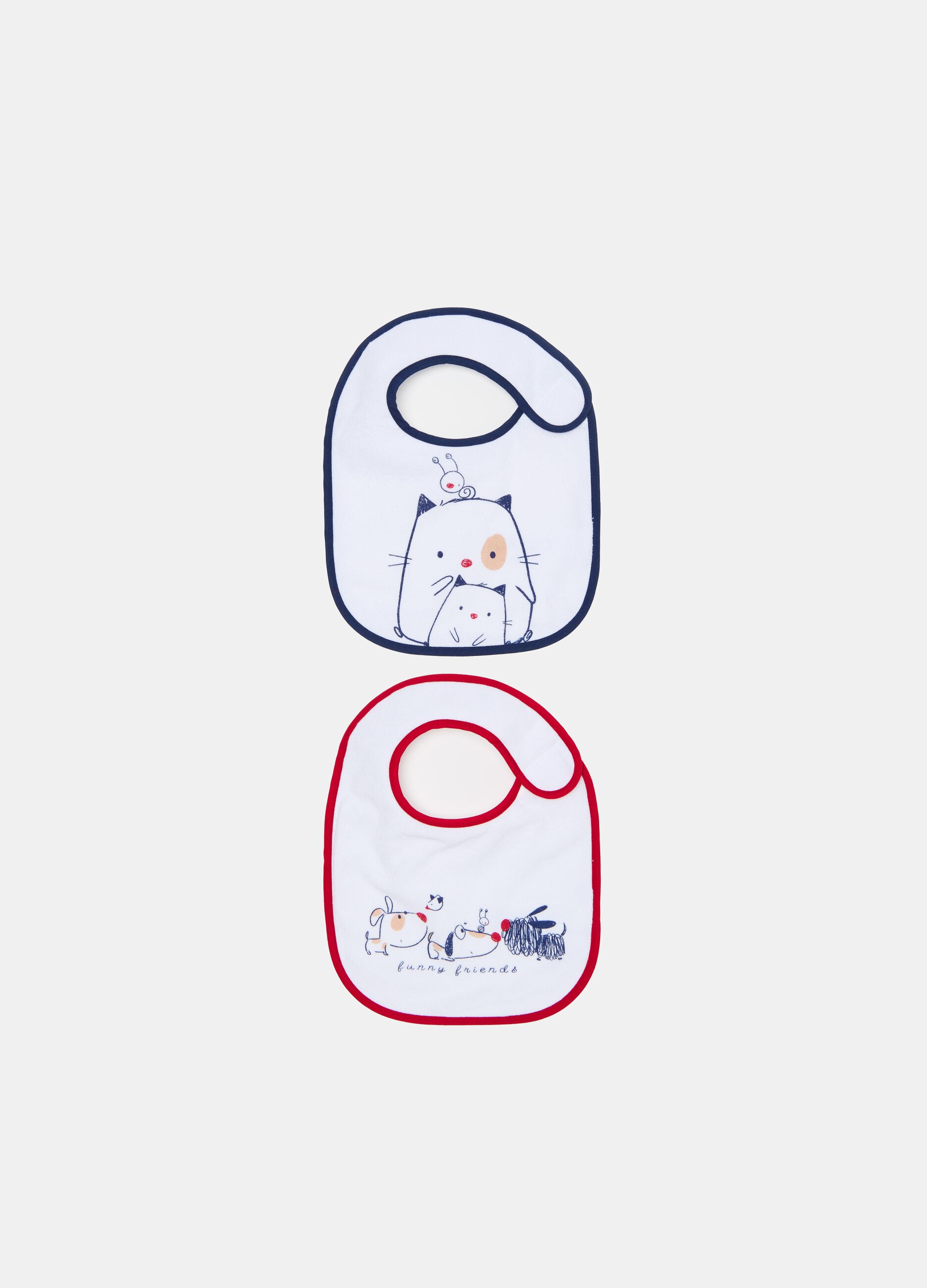 Two-pack bibs with PEVA backing and animals