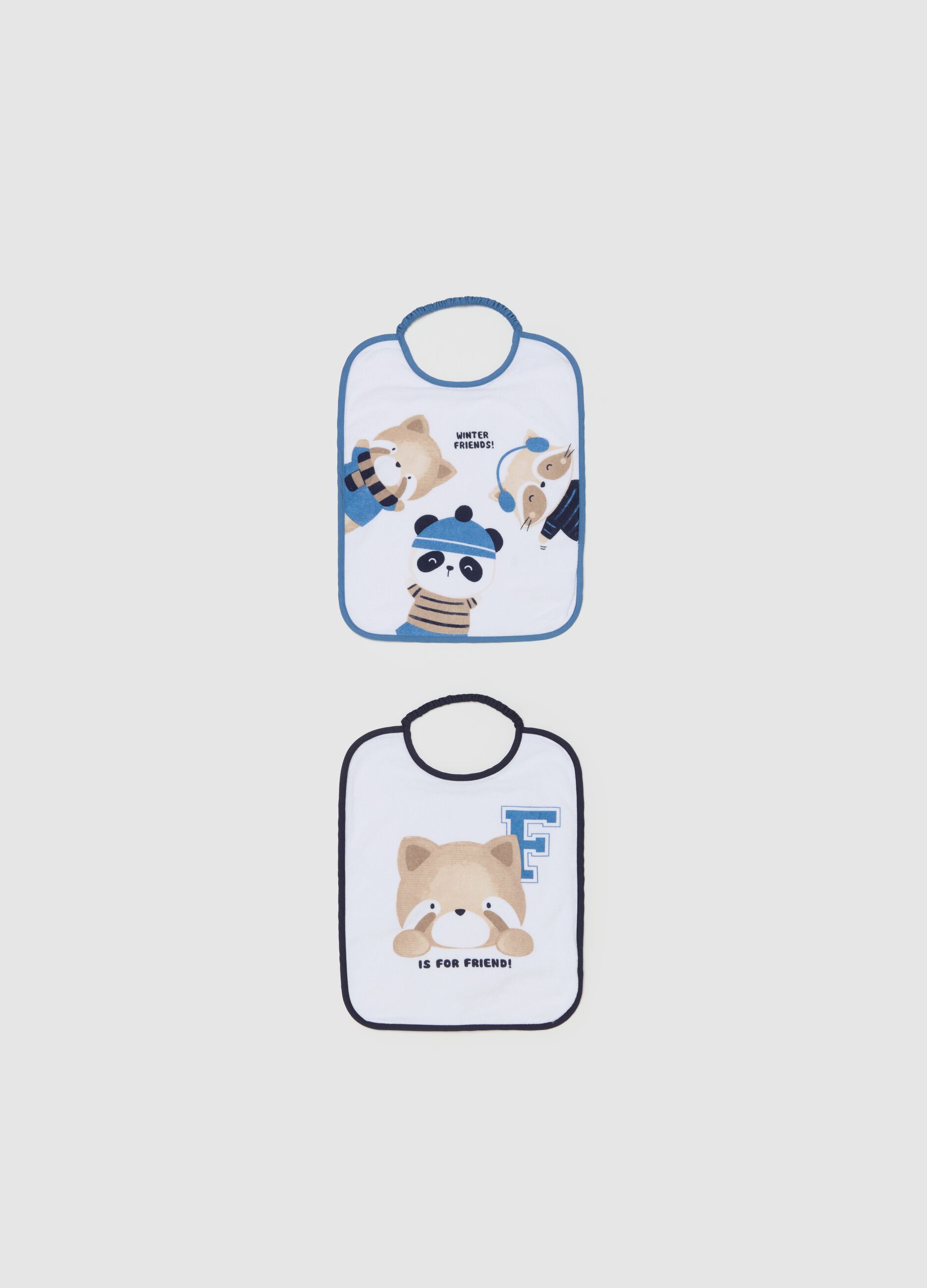 Two-pack bibs with PEVA backing and print