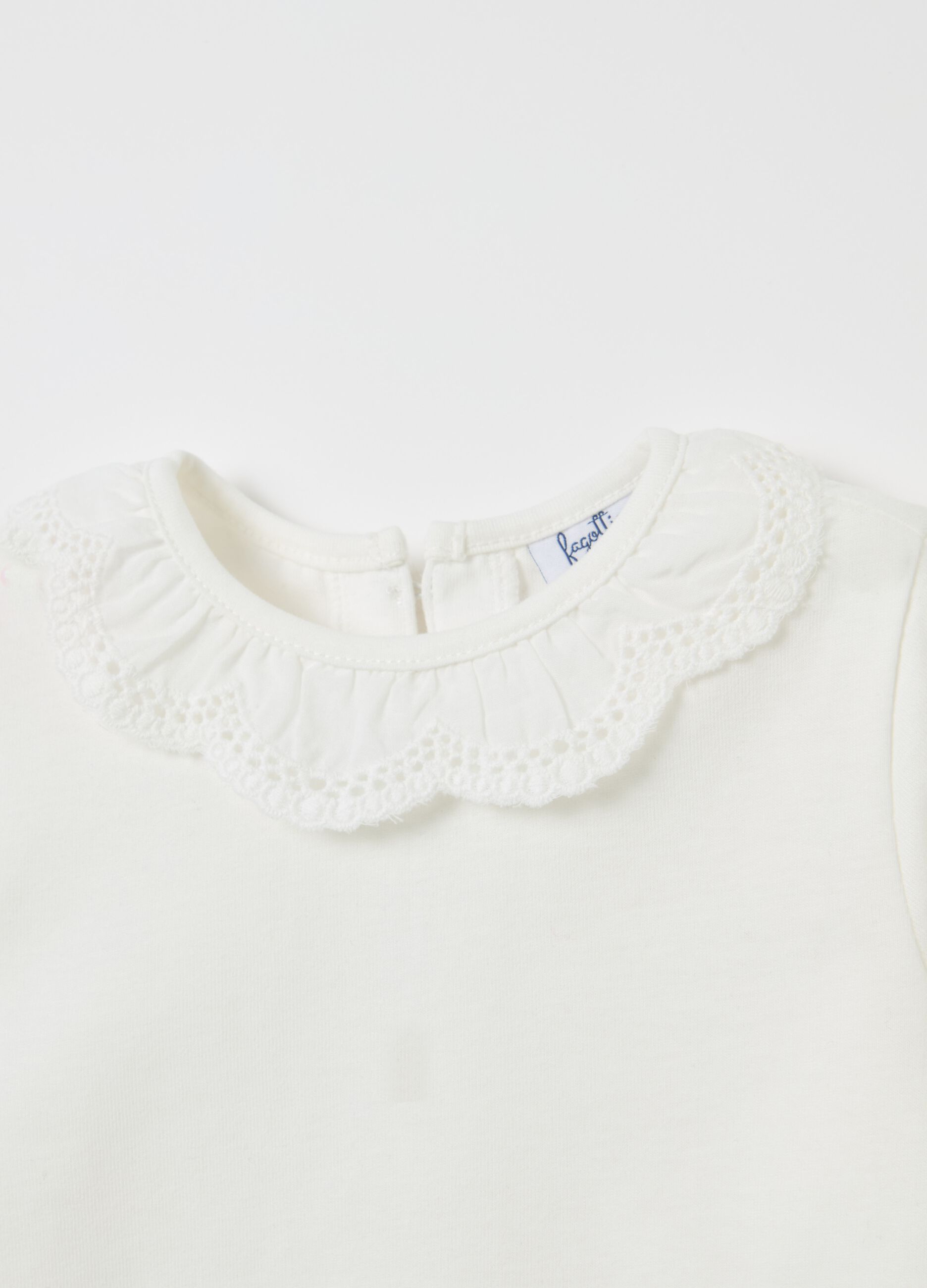 Long-sleeved T-shirt with broderie anglaise collar