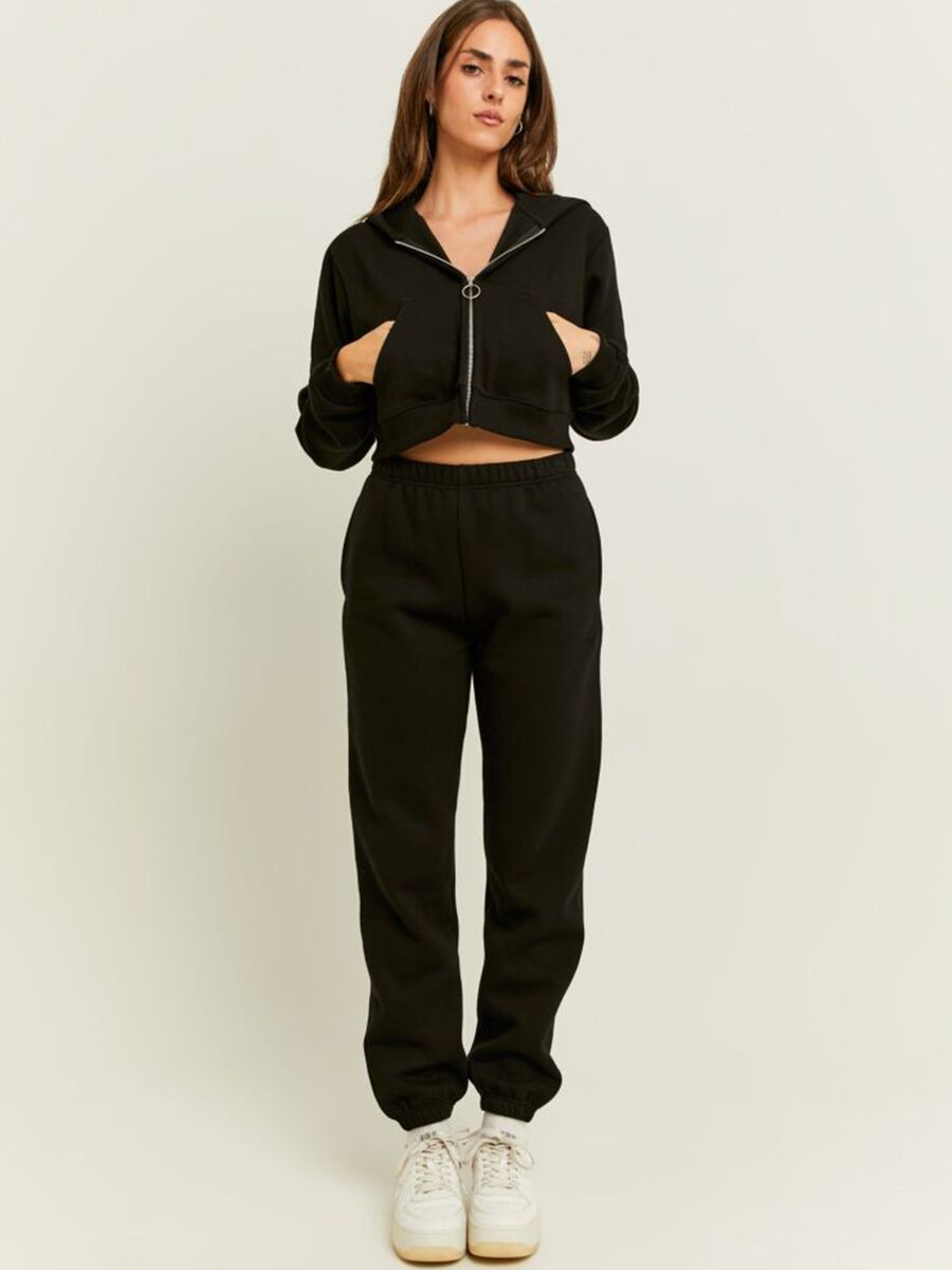 Full-zip crop sweatshirt in fleece with hood_0