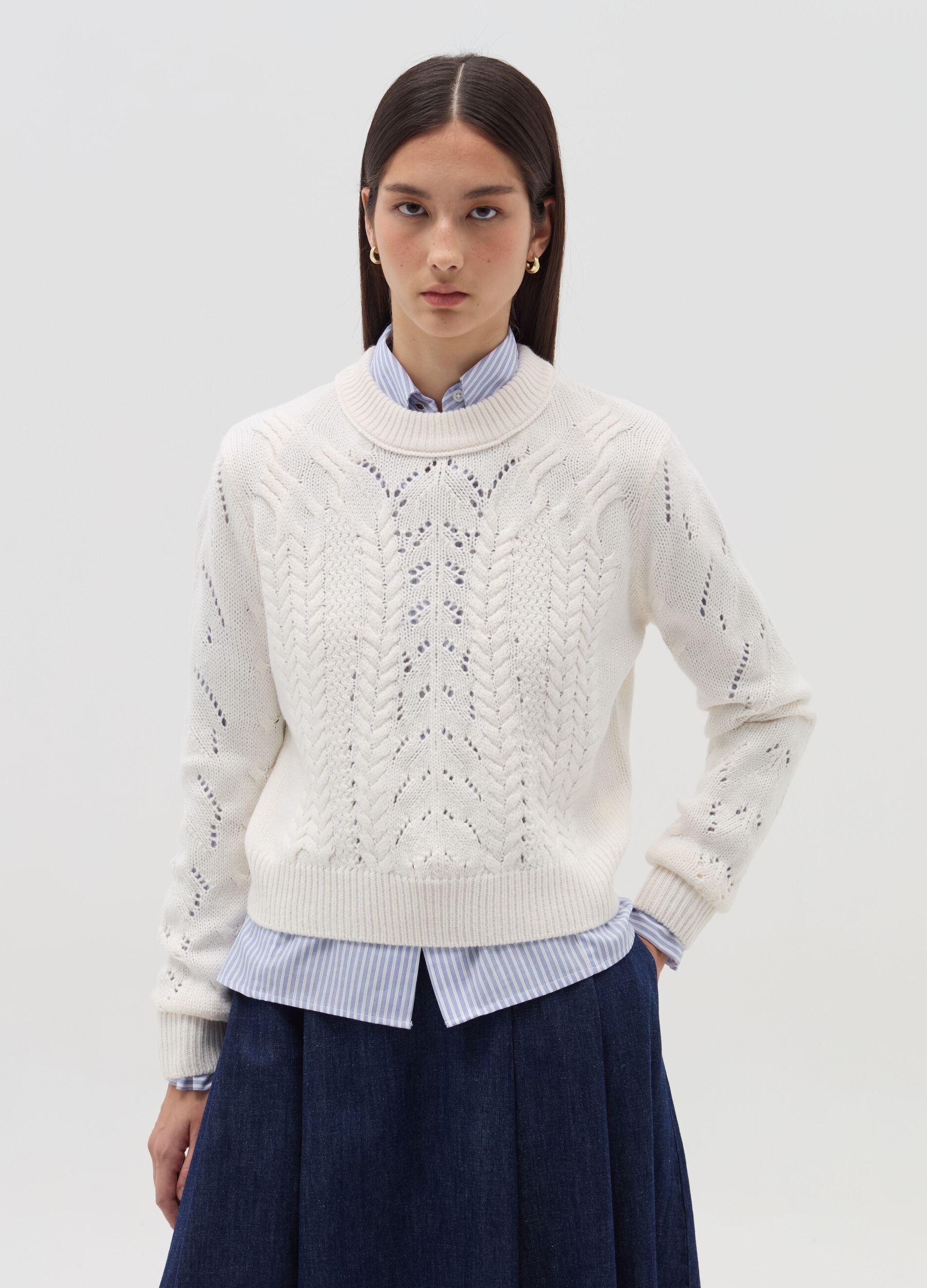 Cropped pointelle pullover with cable-knit design